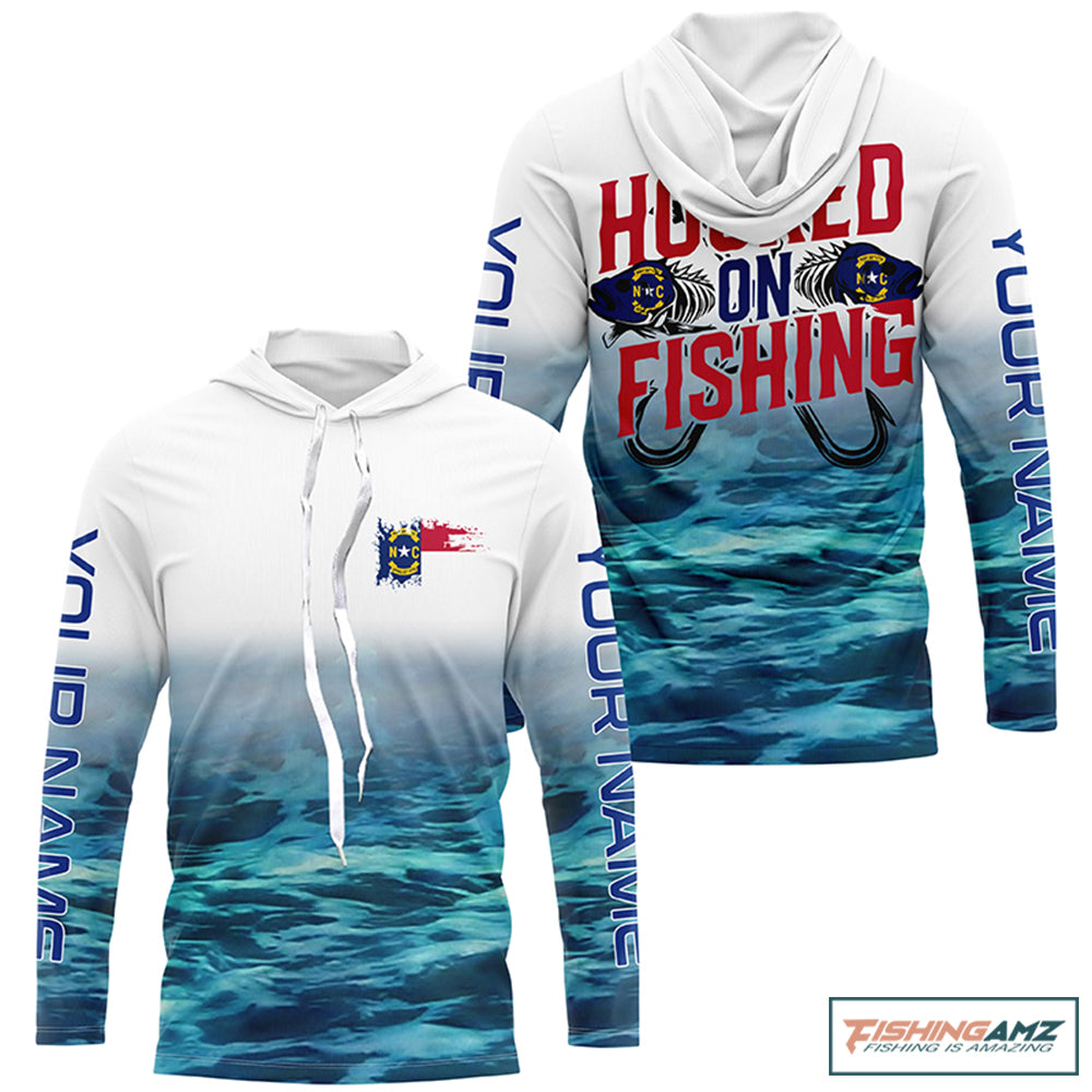 Personalized North Carolina Flag Long Sleeve Fishing Shirts, Hooked On Fishing Nc Fishing Shirt IPHW7033