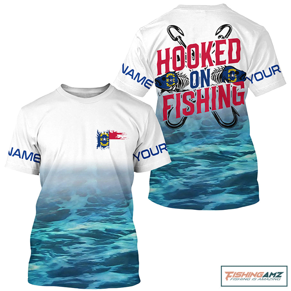 Personalized North Carolina Flag Long Sleeve Fishing Shirts, Hooked On Fishing Nc Fishing Shirt IPHW7033