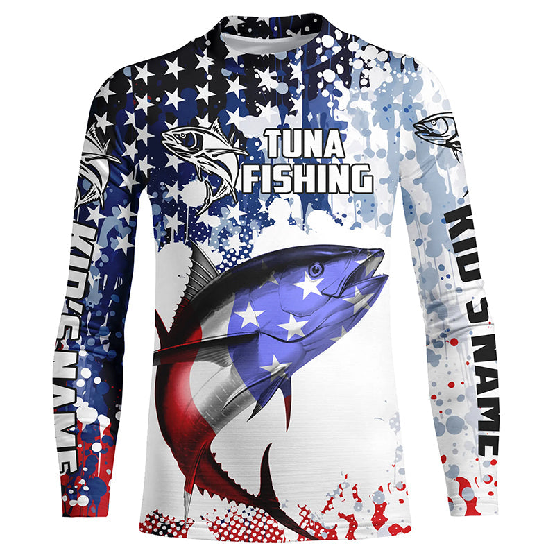 American Flag Tuna Custom Long Sleeve Tournament Fishing Shirts, Patriotic Fishing Jerseys IPHW5646