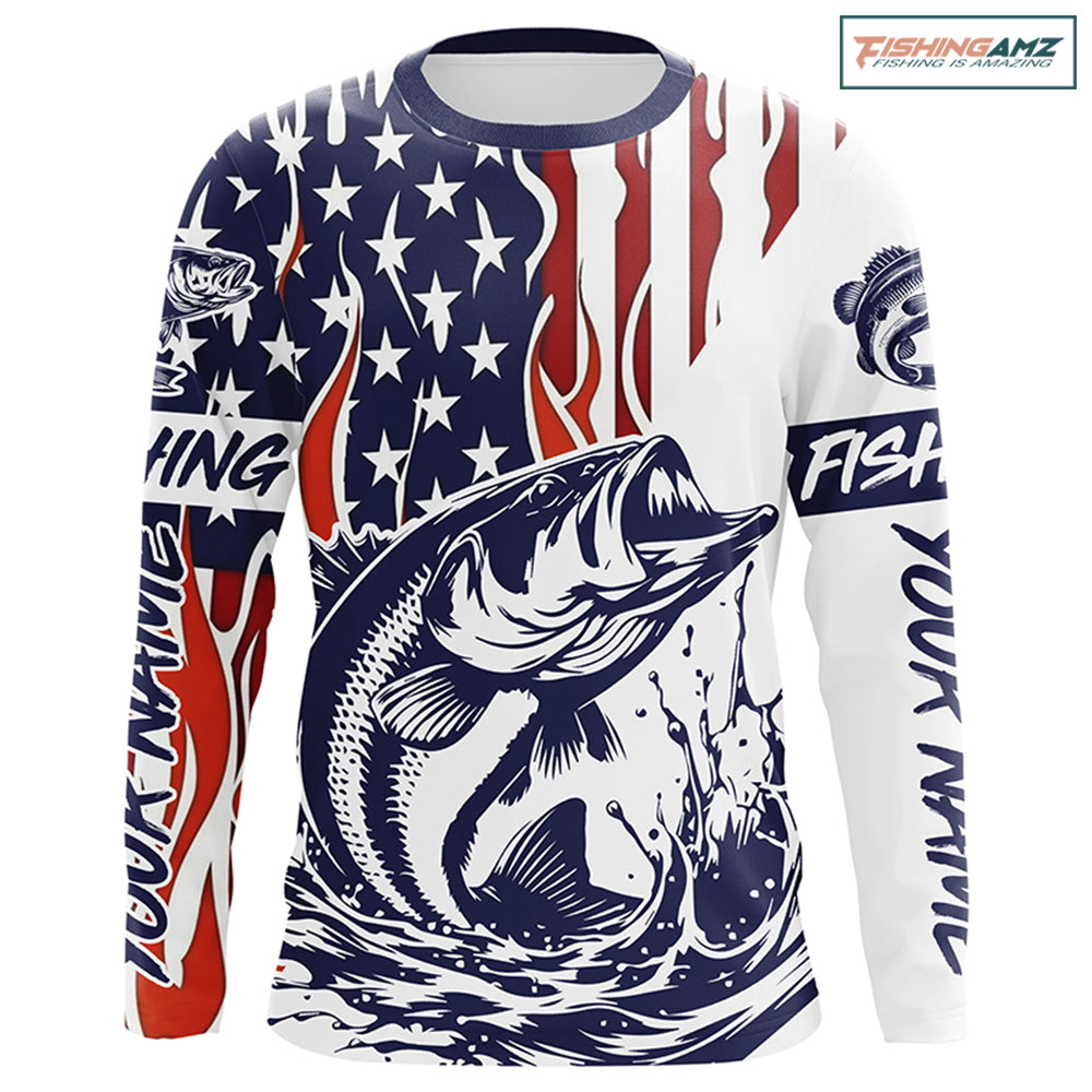 Flame American Flag Custom Bass Long Sleeve Tournament Fishing Shirts, Patriotic Bass Fishing Jersey IPHW5942