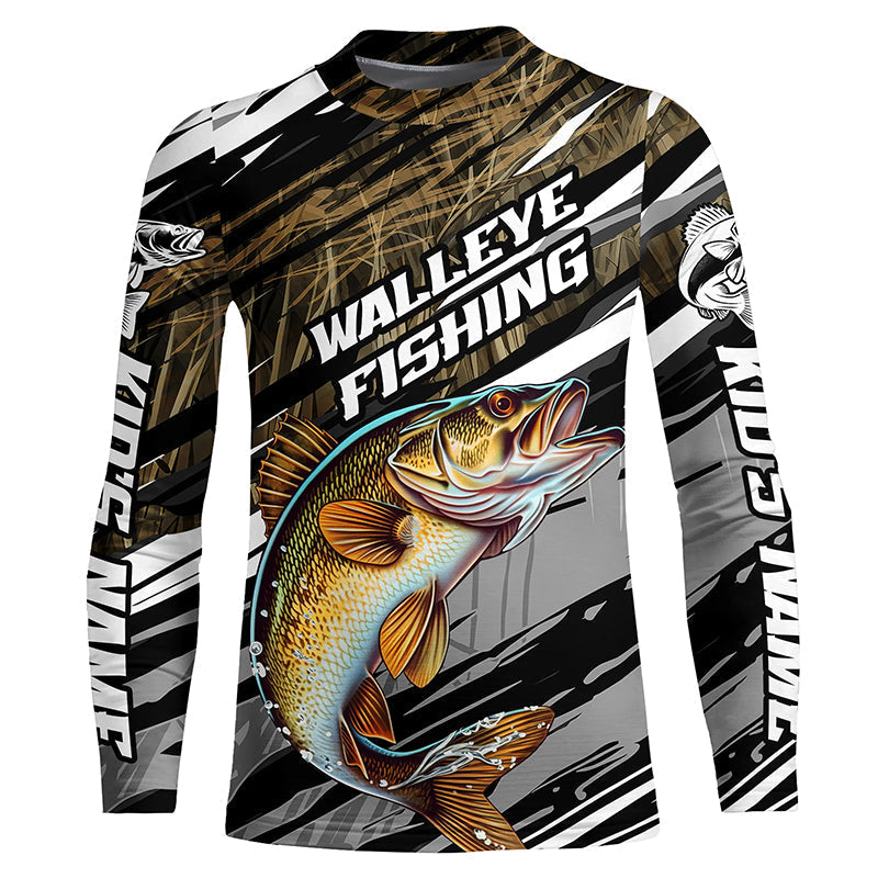Walleye Fishing Camo Long Sleeve Fishing Shirts, Custom Walleye Tournament Fishing Jerseys IPHW5947