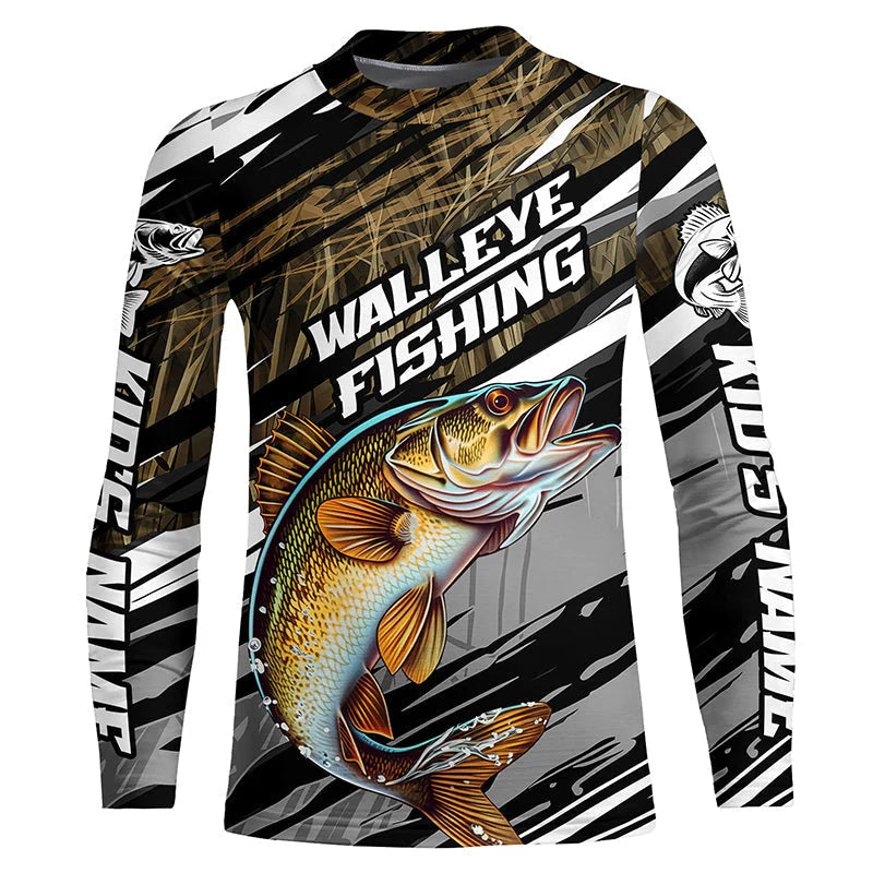 Youth Walleye Fishing Camo Long Sleeve Fishing Shirts, Custom Walleye Tournament Fishing Jerseys IPHW5947