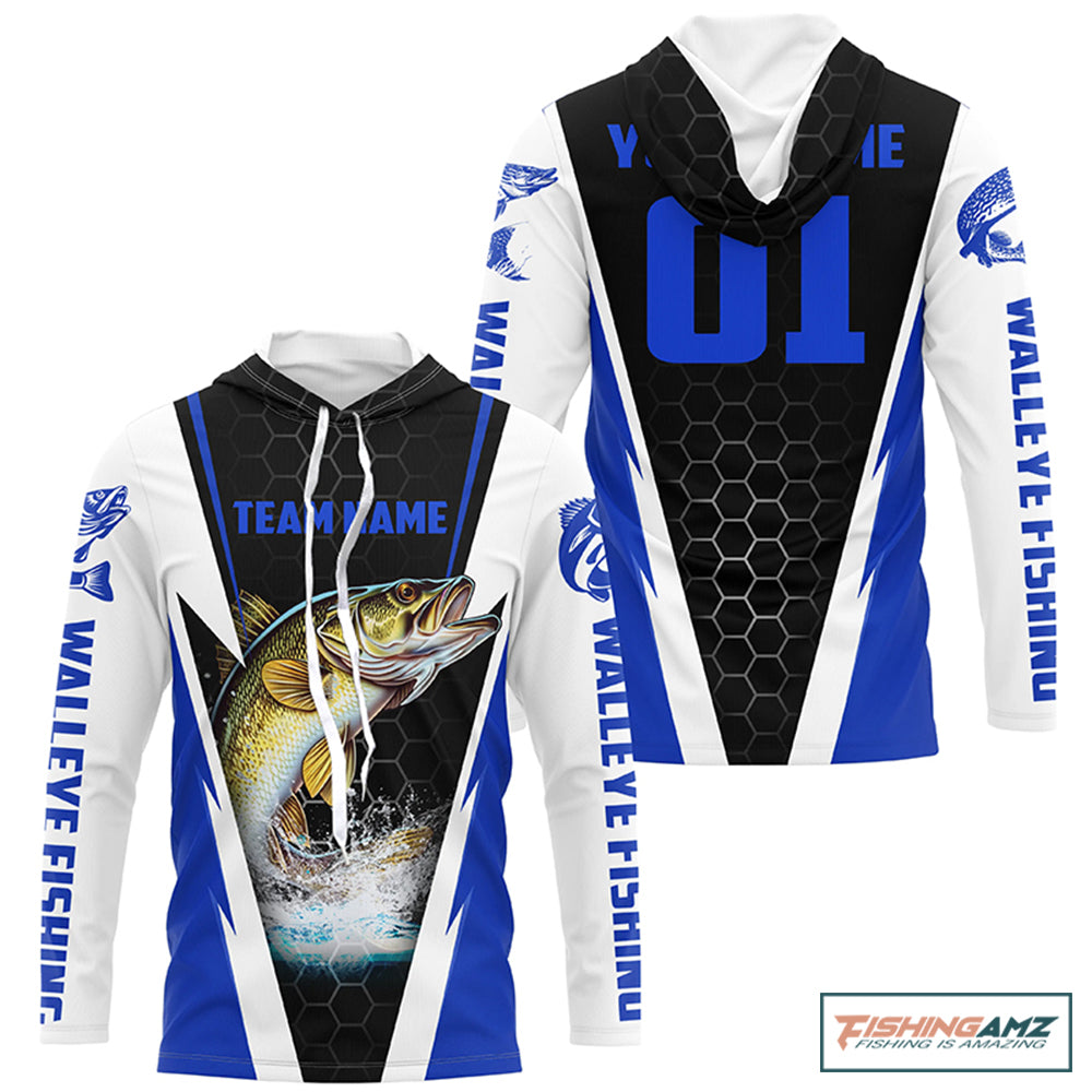 Walleye Fishing Long Sleeve Tournament Shirts For Fishing Team With Custom Name And Number | Blue IPHW6237