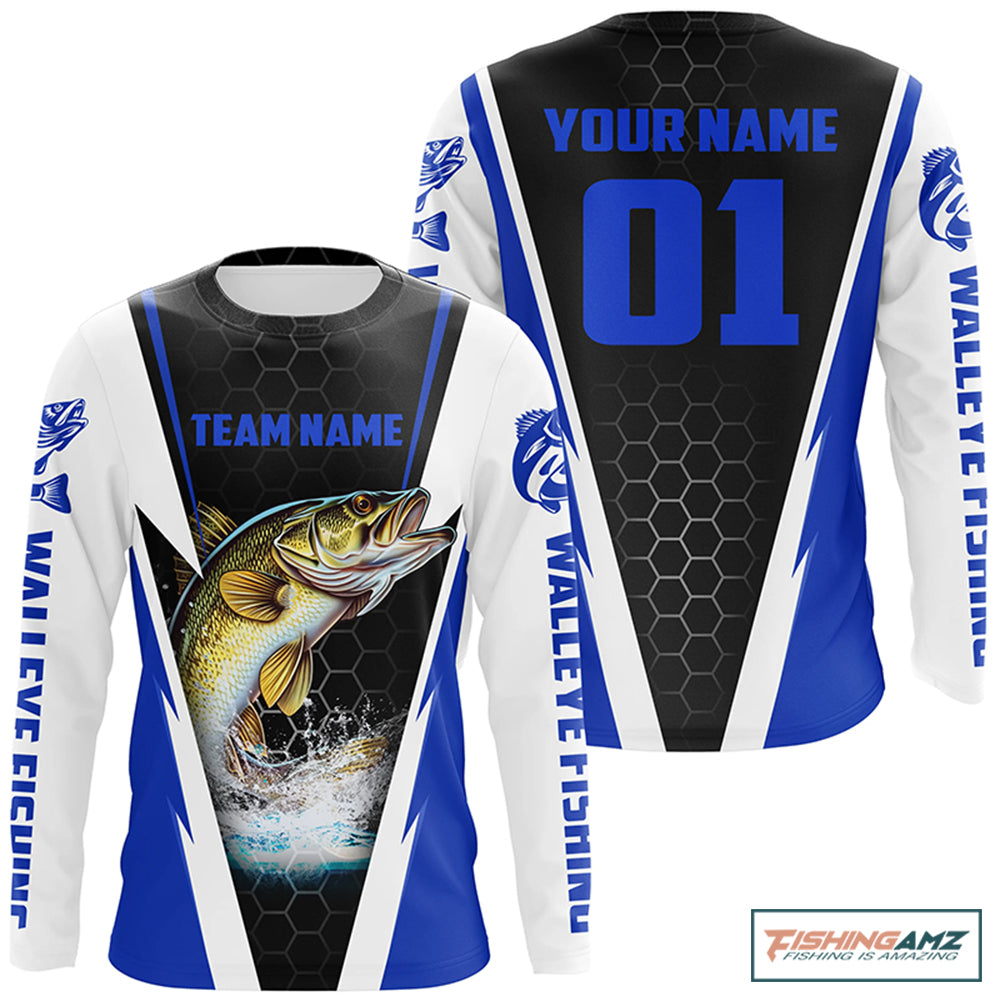 Walleye Fishing Long Sleeve Tournament Shirts For Fishing Team With Custom Name And Number | Blue IPHW6237
