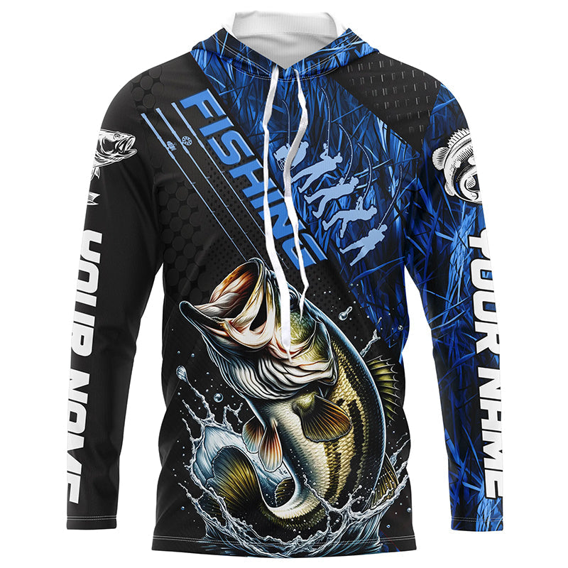 Custom Bass Fishing Long Sleeve Tournament Shirts, Bass Fisherman Jerseys | Blue Camo IPHW6248