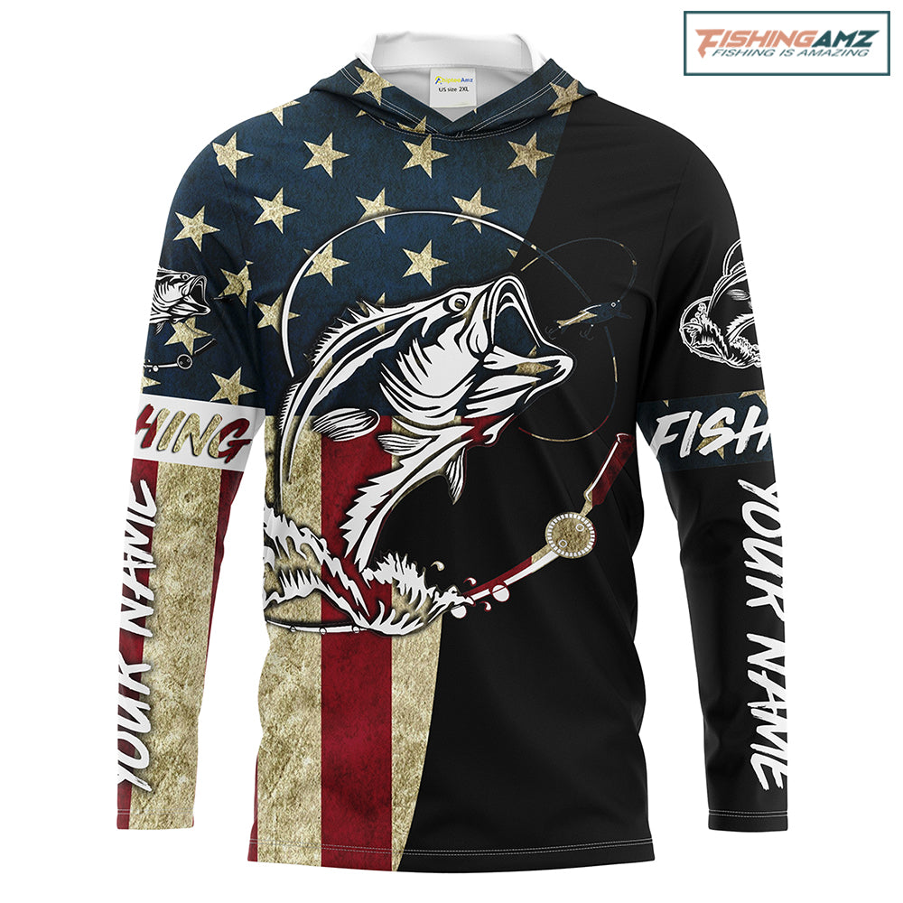 Personalized Bass Fishing American Flag Custom Long Sleeve Fishing Shirts, personalized Patriotic Fishing gifts - IPHW1193
