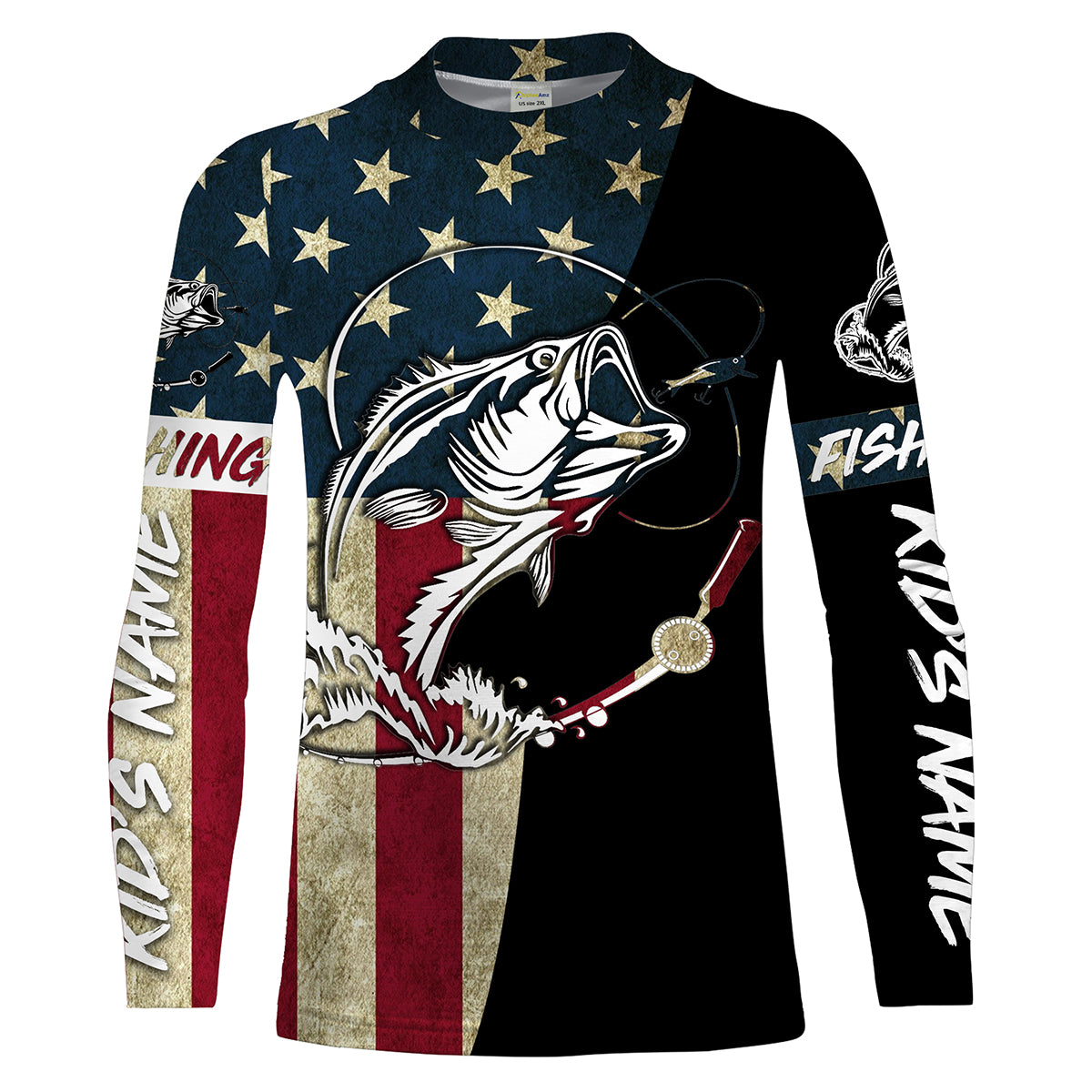 Personalized Bass Fishing American Flag Custom Kid Long Sleeve Fishing Shirts, personalized Patriotic Fishing gifts - IPHW1193