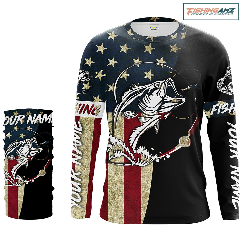 Personalized Bass Fishing American Flag Custom Long Sleeve Fishing Shirts, personalized Patriotic Fishing gifts - IPHW1193