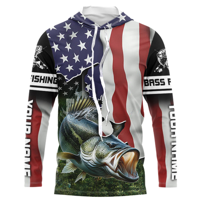 Personalized American Flag Bass Fishing Shirts, Patriotic Bass Tournament Fishing Shirts IPHW5699