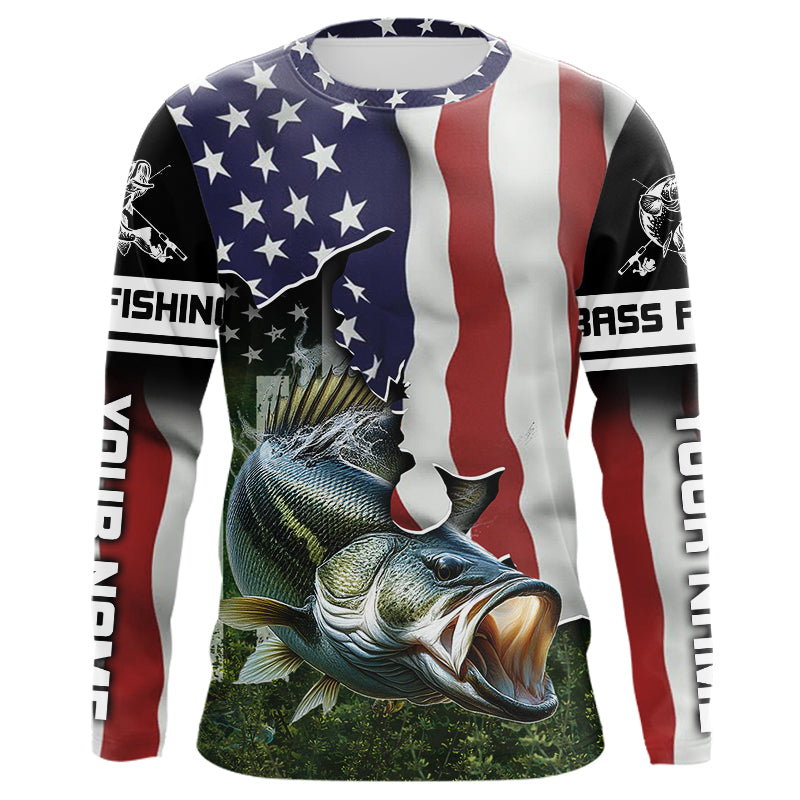 Personalized American Flag Bass Fishing Shirts, Patriotic Bass Tournament Fishing Shirts IPHW5699