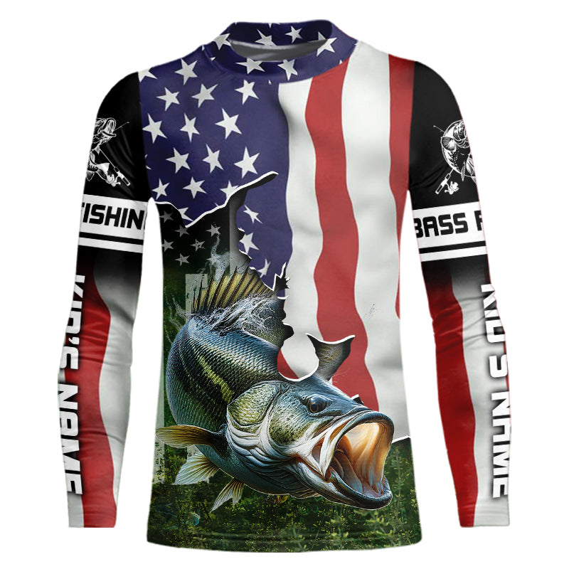 Personalized American Flag Bass Fishing Shirts, Patriotic Bass Tournament Fishing Shirts IPHW5699