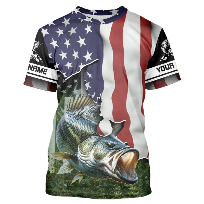Personalized American Flag Bass Fishing Shirts, Patriotic Bass Tournament Fishing Shirts IPHW5699