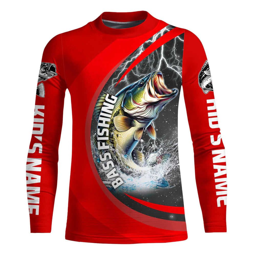 Youth Personalized Bass Fishing Jerseys, Largemouth Bass Tournament Fishing Shirts | Red IPHW5703