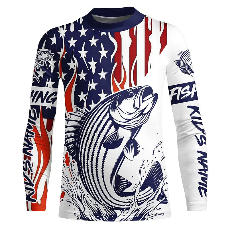 Youth Flame American Flag Custom Striped Bass Kid Long Sleeve Fishing Shirts, Patriotic Striper Fishing Jersey IPHW5955