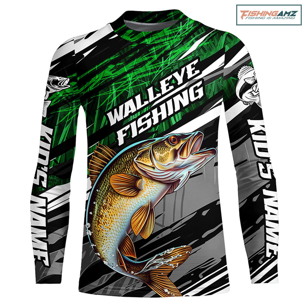 Youth Walleye Fishing Camo Long Sleeve Fishing Shirts, Custom Walleye Tournament Fishing Jerseys | Green IPHW5956