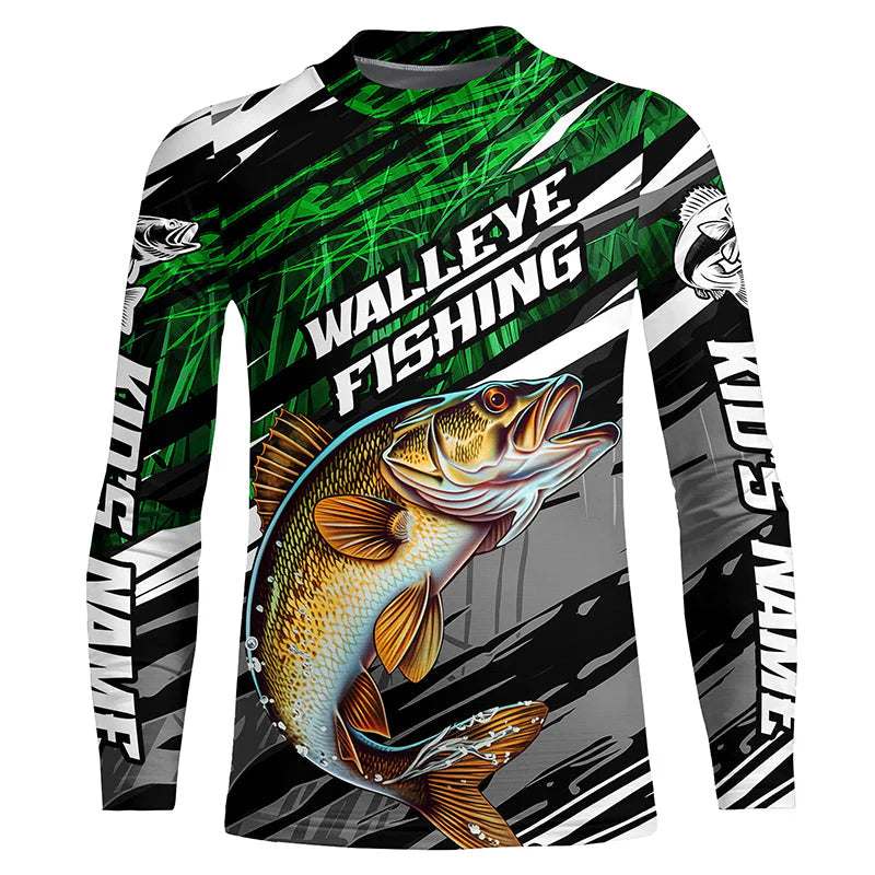 Youth Walleye Fishing Camo Long Sleeve Fishing Shirts, Custom Walleye Tournament Fishing Jerseys | Green IPHW5956
