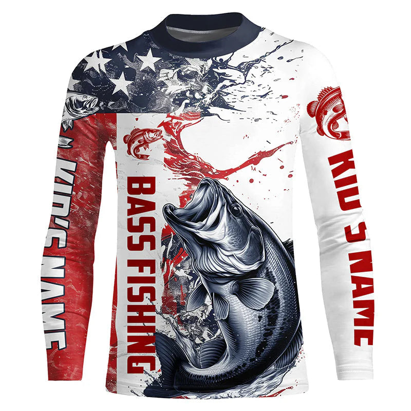 Personalized American Flag Bass Fishing Shirts, Bass Kid Long Sleeve Tournament Fishing Jerseys IPHW6004