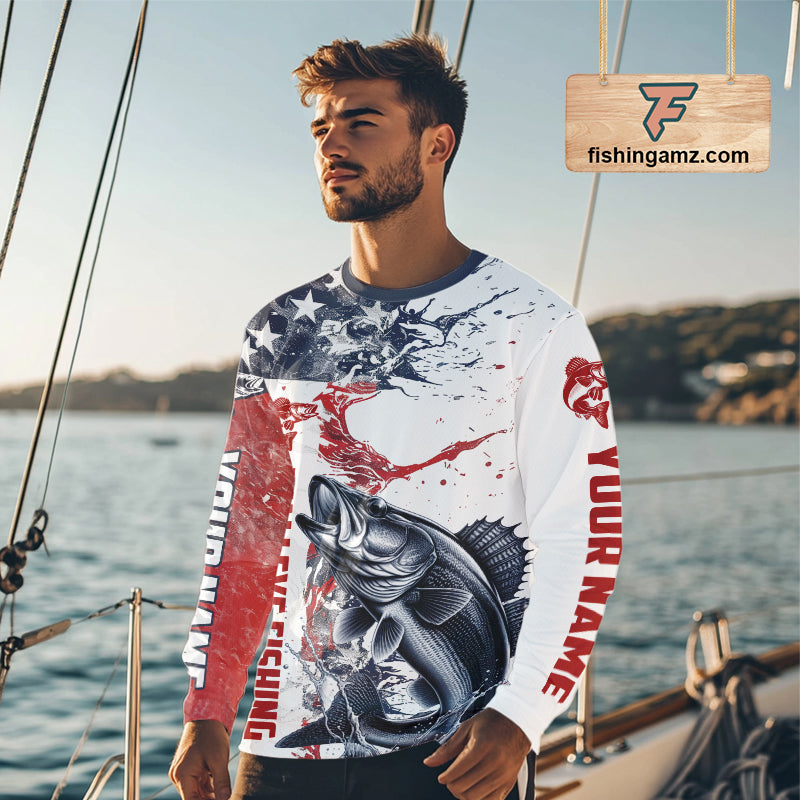 Personalized American Flag Walleye Fishing Shirts, Walleye Long Sleeve Tournament Fishing Jerseys IPHW6005
