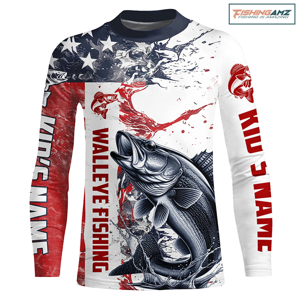 Personalized American Flag Walleye Fishing Shirts, Walleye Kid Long Sleeve Tournament Fishing Jerseys IPHW6005