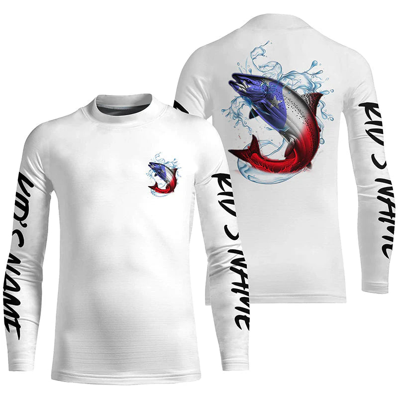 Youth Personalized American Flag Chinook Salmon Fishing Shirts, Patriotic Salmon Kid Long Sleeve Fishing Shirt IPHW6273