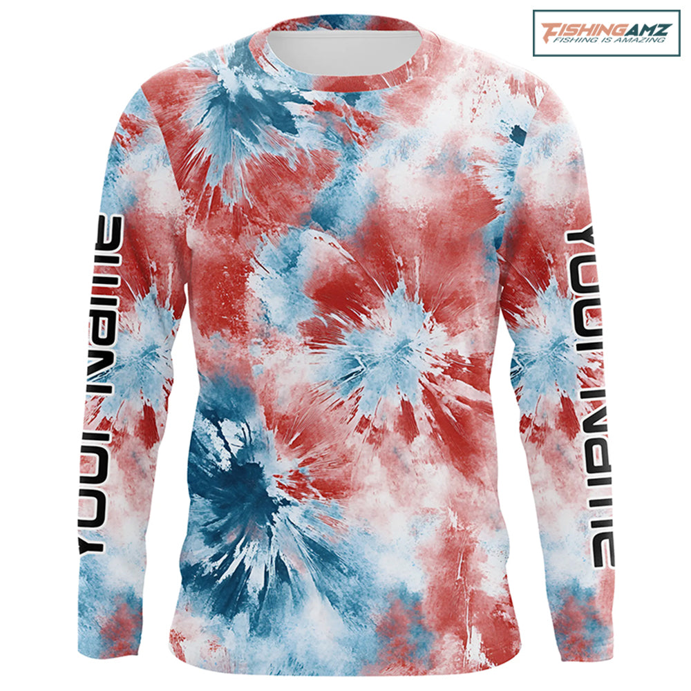Red, White And Blue Tie Dye Personalized Patriotic Performance Fishing Shirts, Uv Fishing Apparel IPHW7347