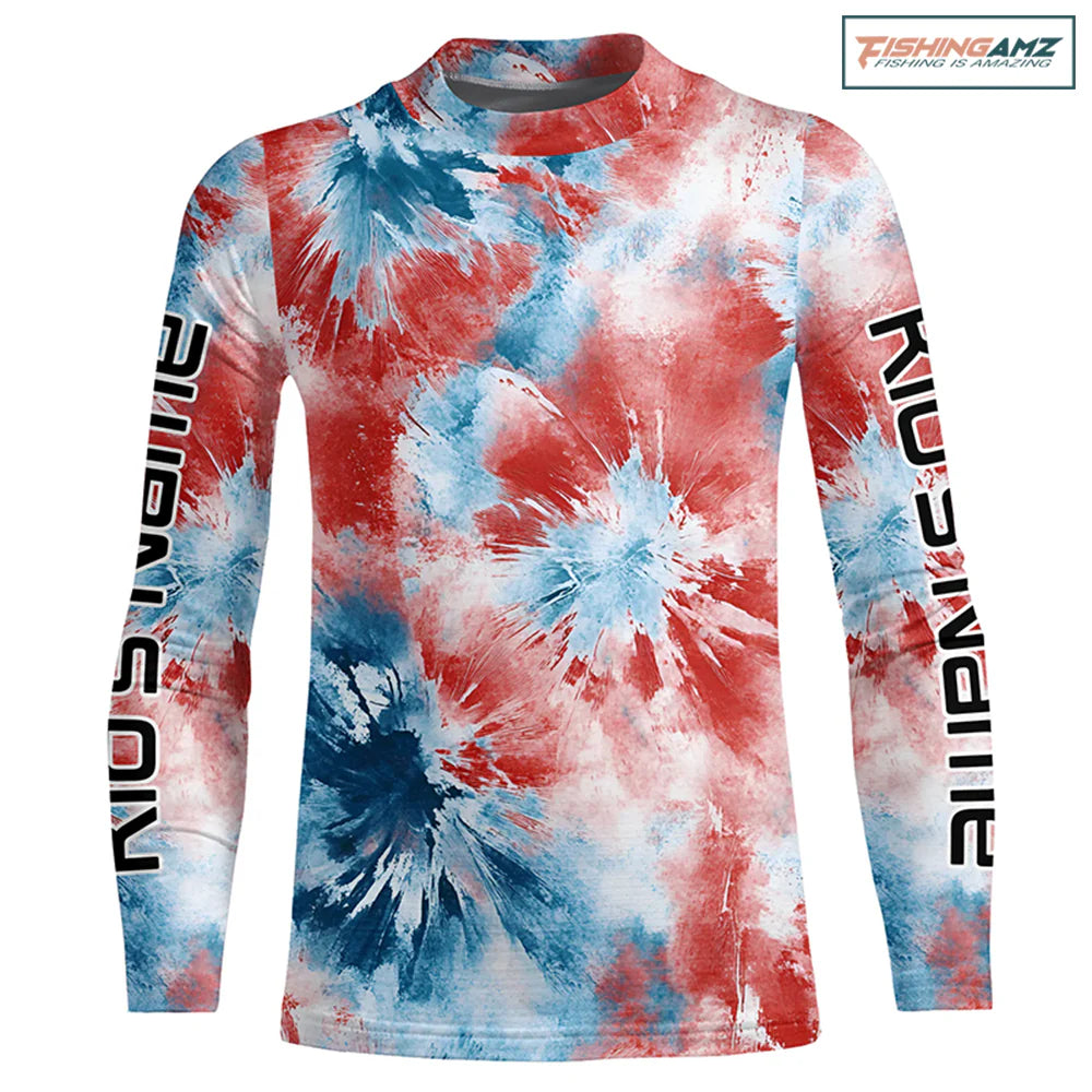 Kid Red, White And Blue Tie Dye Personalized Patriotic Performance Fishing Kid Shirts, Uv Fishing Apparel IPHW7347