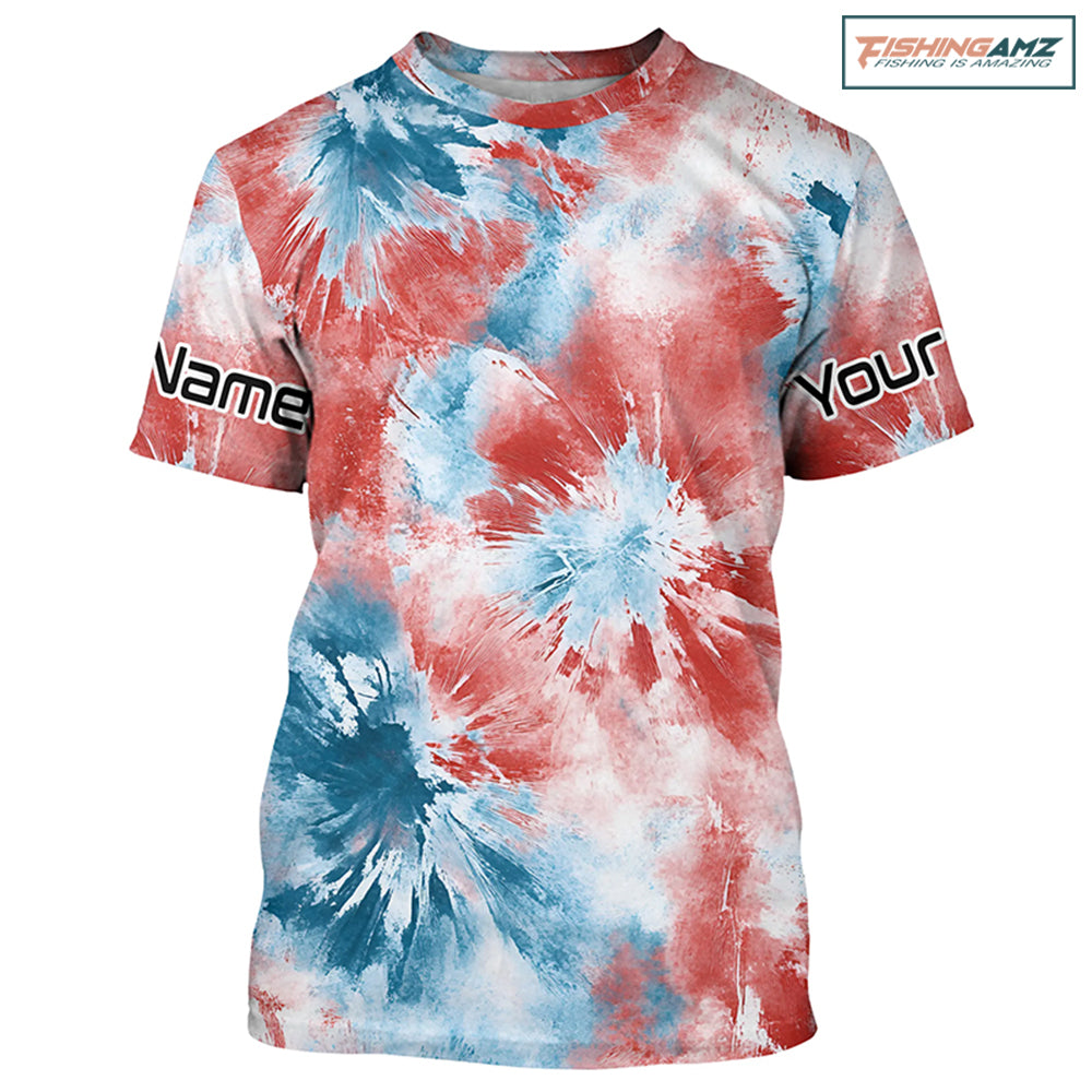 Red, White And Blue Tie Dye Personalized Patriotic Performance Fishing Shirts, Uv Fishing Apparel IPHW7347
