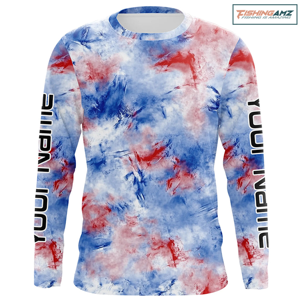 Red, White And Blue Tie Dye Personalized Patriotic Performance Fishing Shirts, Uv Fishing Apparel IPHW7348