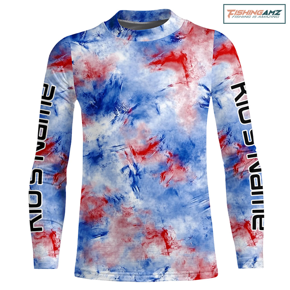 Red, White And Blue Tie Dye Personalized Patriotic Performance Fishing Shirts, Uv Fishing Apparel IPHW7348