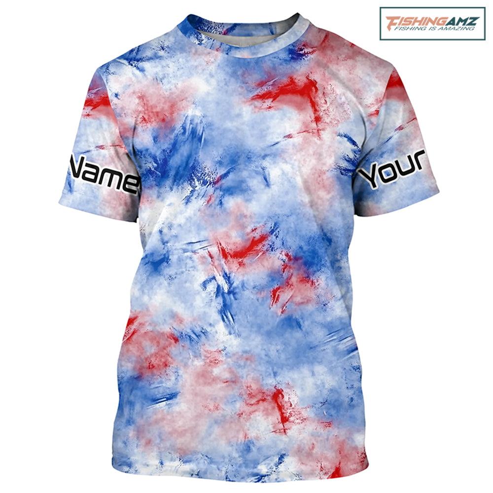Red, White And Blue Tie Dye Personalized Patriotic Performance Fishing Shirts, Uv Fishing Apparel IPHW7348