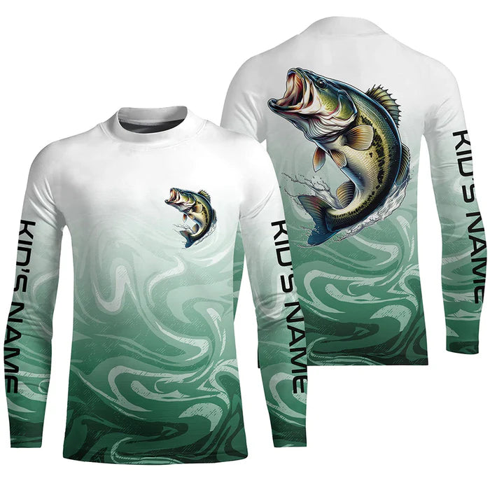 Custom Largemouth Bass Kid Long Sleeve Tournament Camo Fishing Shirts, Bass Fishing Jerseys IPHW6042