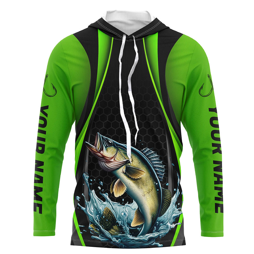 Custom Walleye Fishing Tournament Long Sleeve Fishing Shirts, Walleye Fishing Jerseys | Green IPHW7369