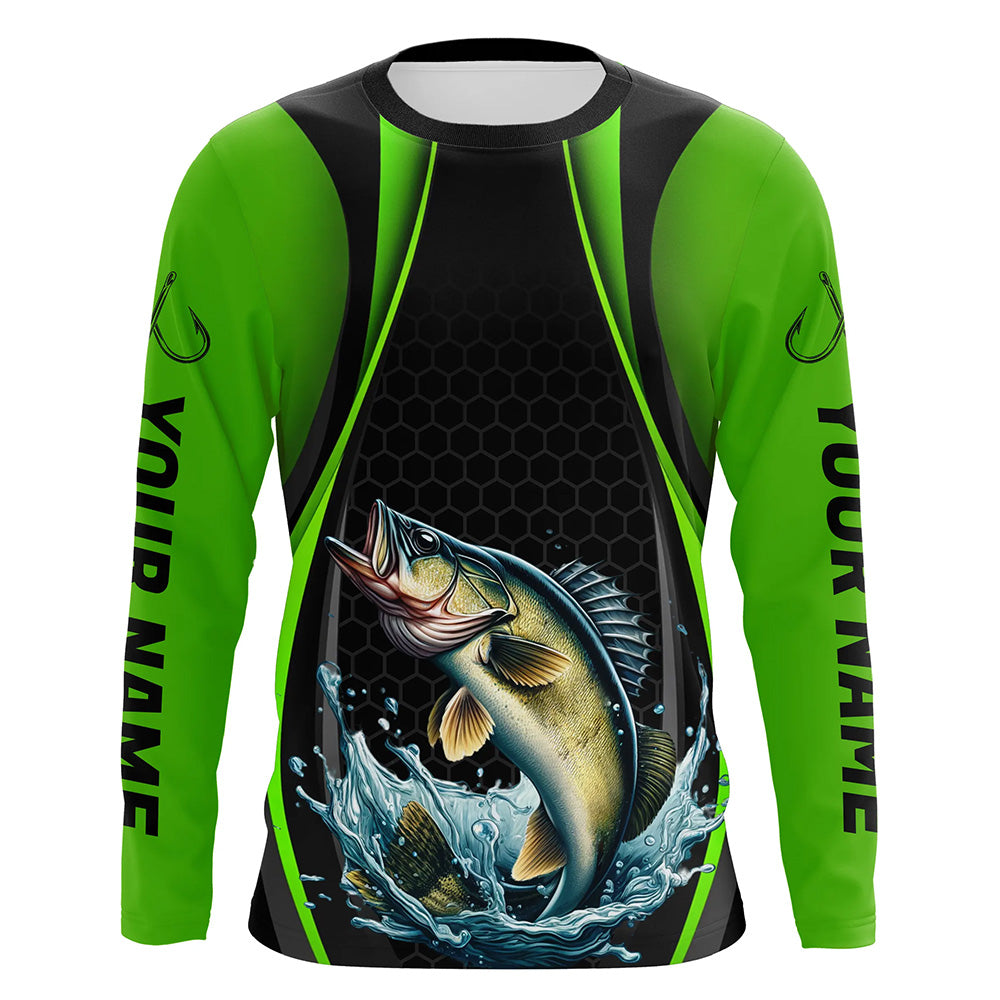 Custom Walleye Fishing Tournament Long Sleeve Fishing Shirts, Walleye Fishing Jerseys | Green IPHW7369