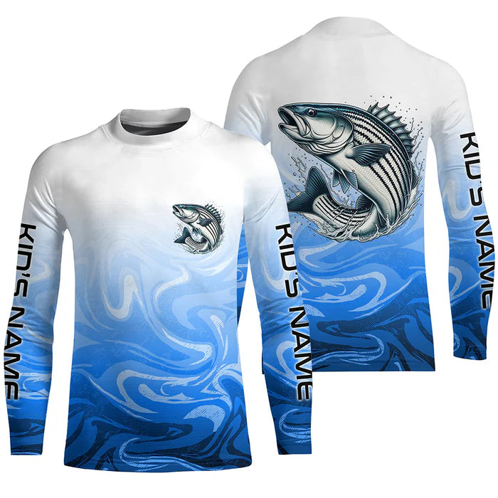 Striped Bass Fishing Custom Kid Long Sleeve Shirts, Striper Saltwater Fishing Apparel | Blue Camo IPHW6370