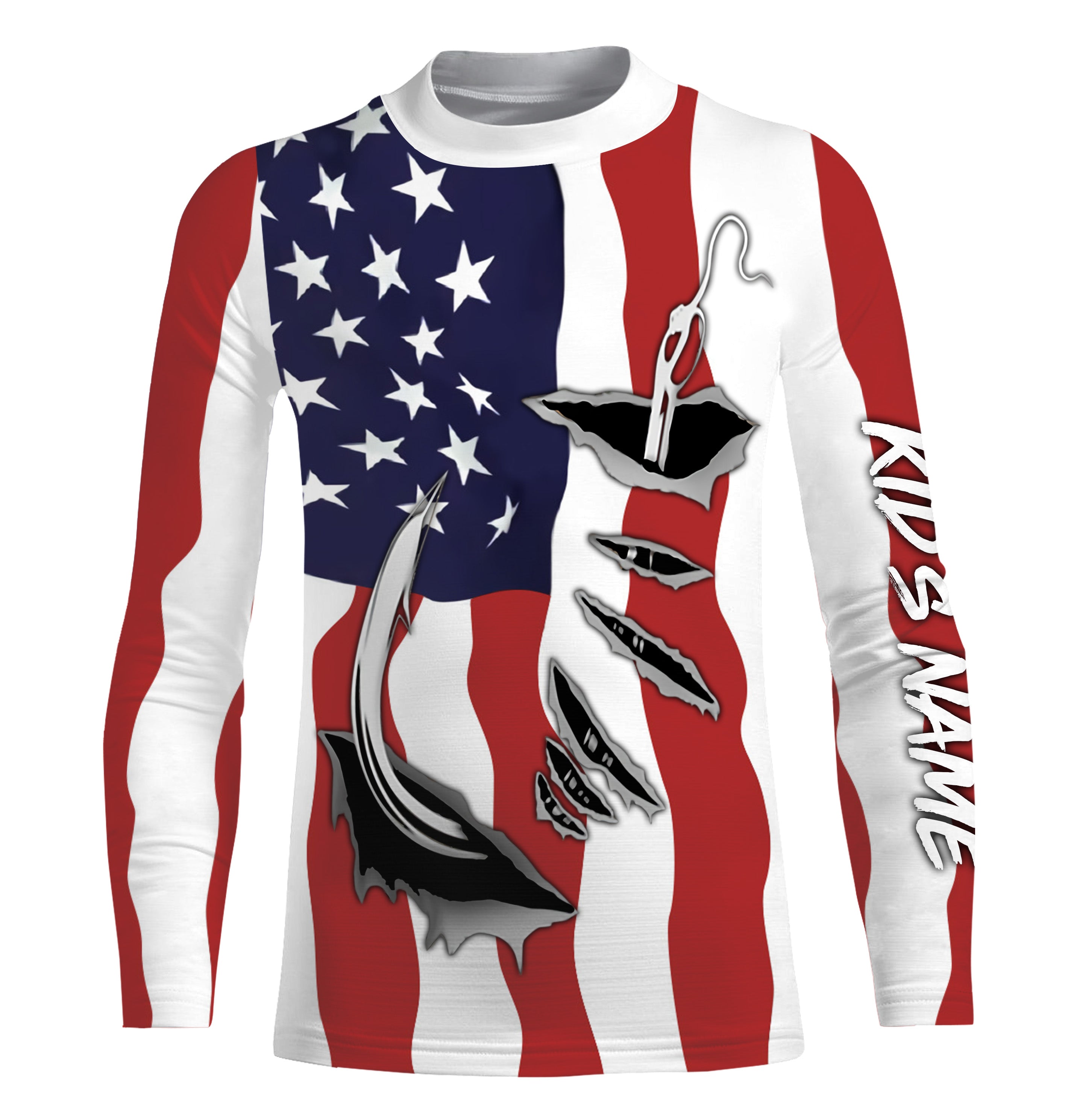 US Fishing Fish Hook American flag UV protection custom Kid long sleeves shirts Patriotic fishing apparel IPH1900