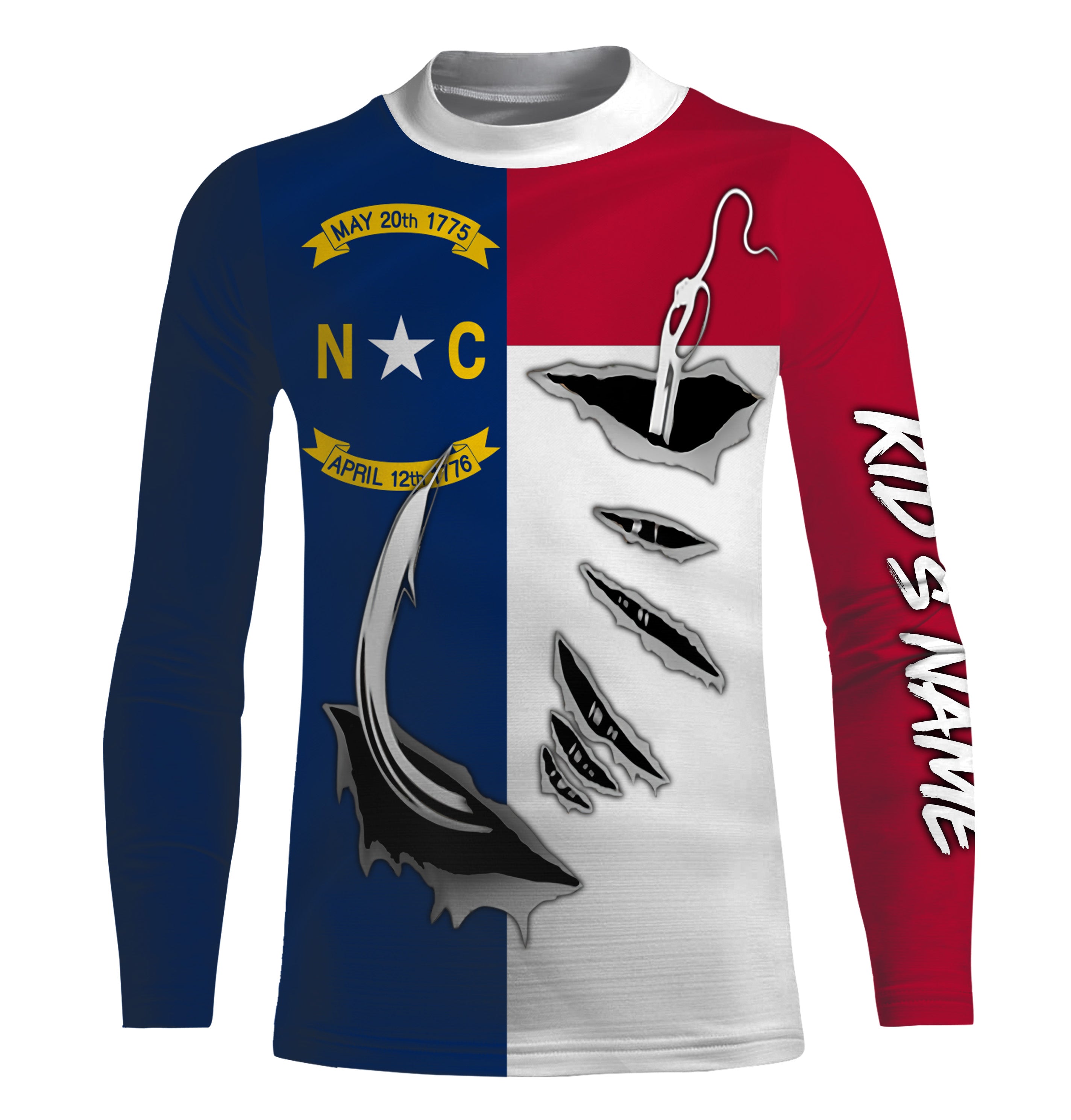 NC North Carolina Flag Fishing 3D Fish Hook UV protection quick dry customize name Kid long sleeves shirts personalized Patriotic fishing apparel gift for Fishing lovers IPH1905
