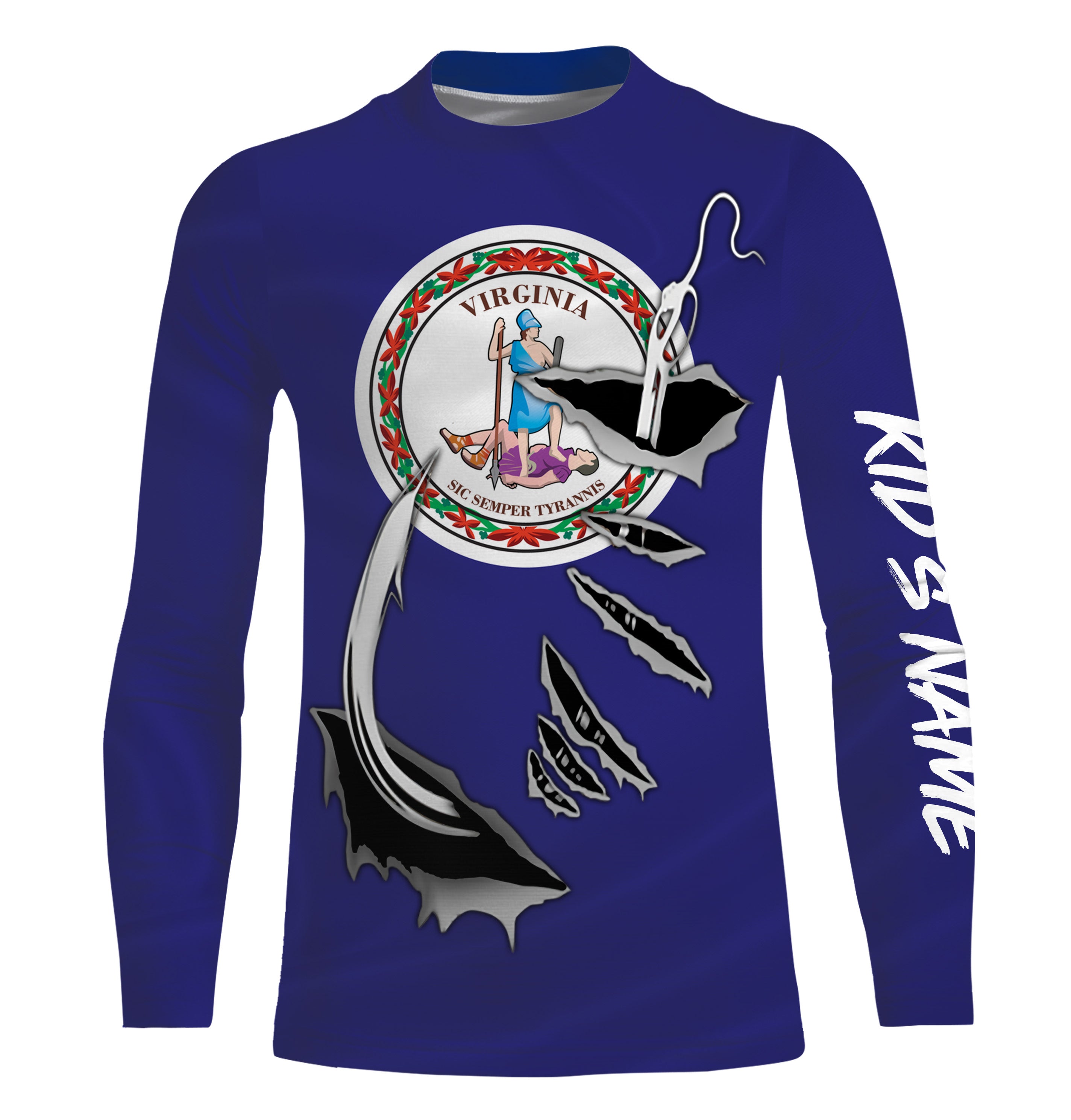 VA Virginia Flag Fishing 3D Fish Hook UV protection quick dry customize name Kid long sleeves shirts personalized Patriotic fishing apparel gift for Fishing lovers IPH1910