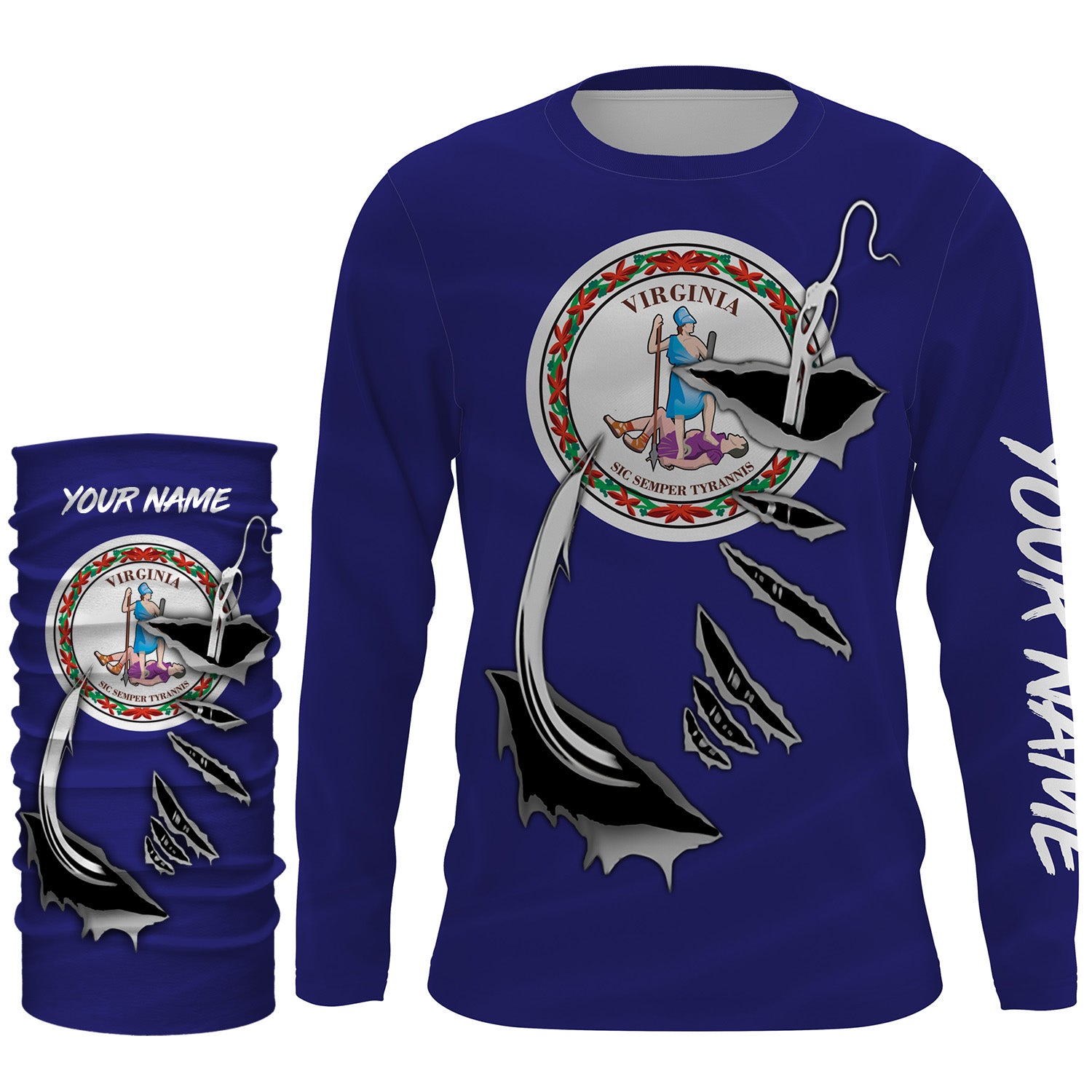 VA Virginia Flag Fishing 3D Fish Hook UV protection quick dry customize name long sleeves shirts personalized Patriotic fishing apparel gift for Fishing lovers IPH1910