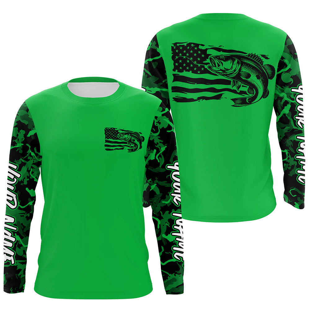 Green Camo US Flag Largemouth Bass Custom Patrotic Long Sleeve Fishing Shirt, Bass Fishing Jersey IPHW8134