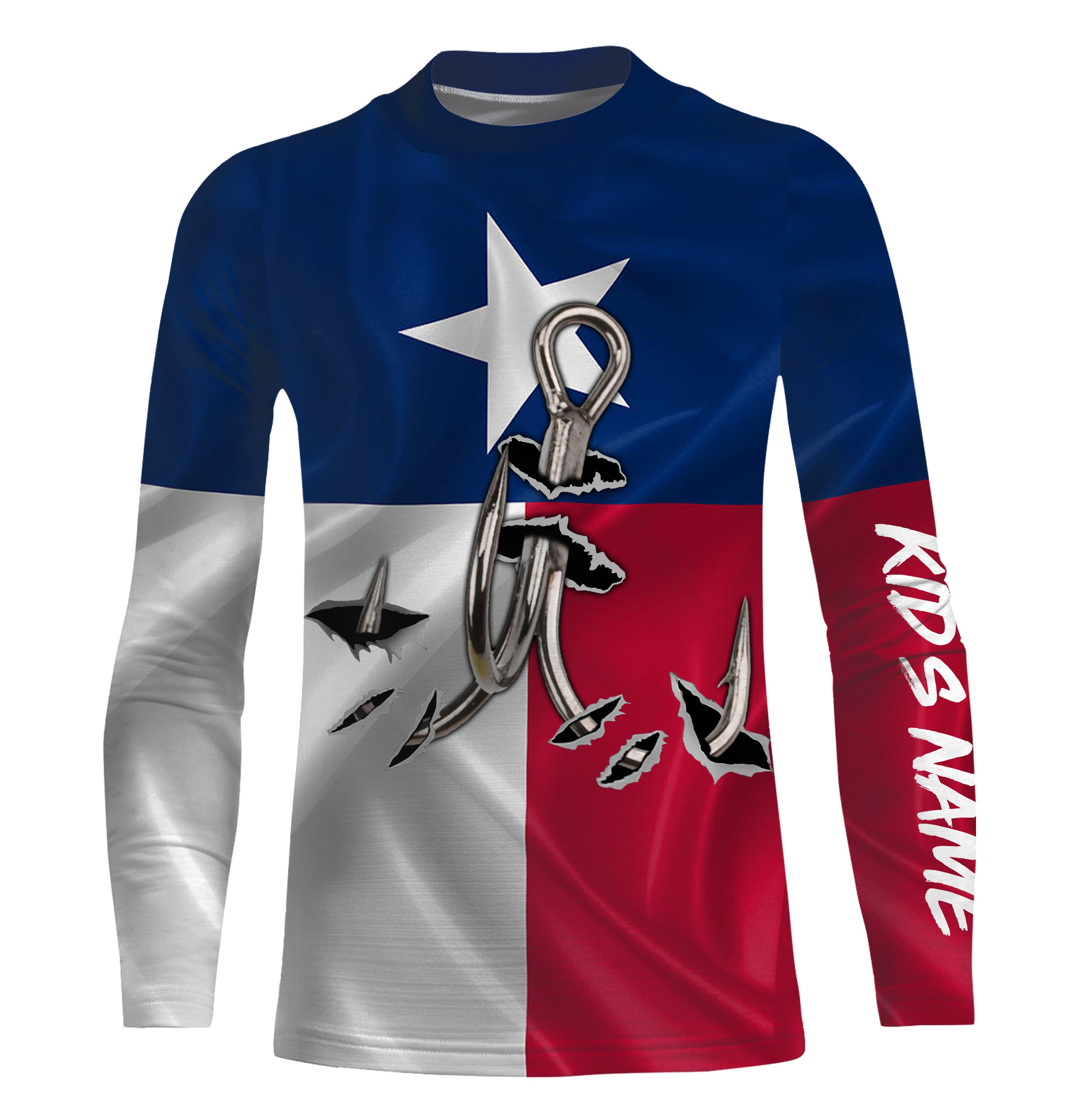 Custom Texas Flag Texas Fishing 3D Fish Hook UV Protection Kid Long Sleeve personalized fishing apparel gift IPHW434
