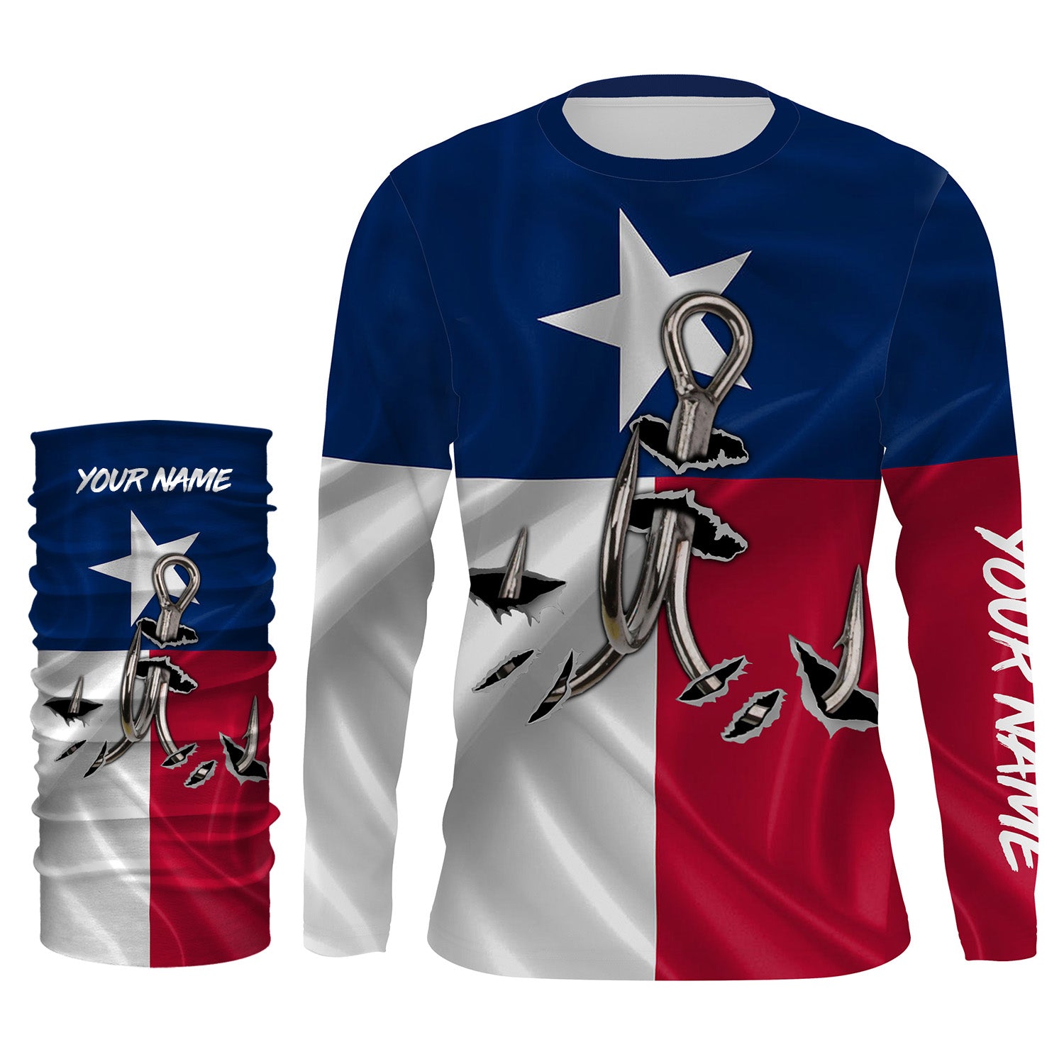 Custom Texas Flag Texas Fishing 3D Fish Hook UV Protection Long Sleeve personalized fishing apparel gift IPHW434
