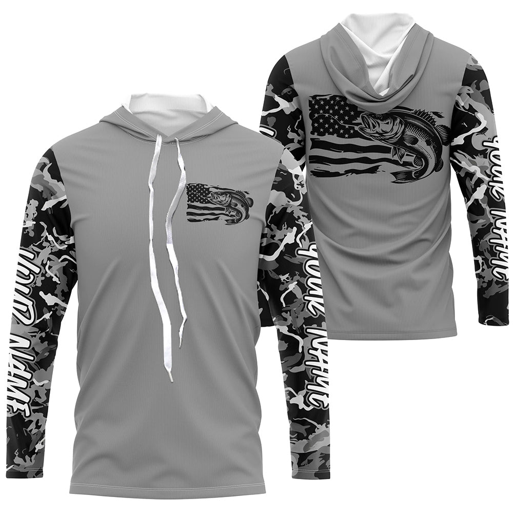Gray Camo US Flag Largemouth Bass Custom Patrotic Long Sleeve Hooded Fishing Shirt, Bass Fishing IPHW7965