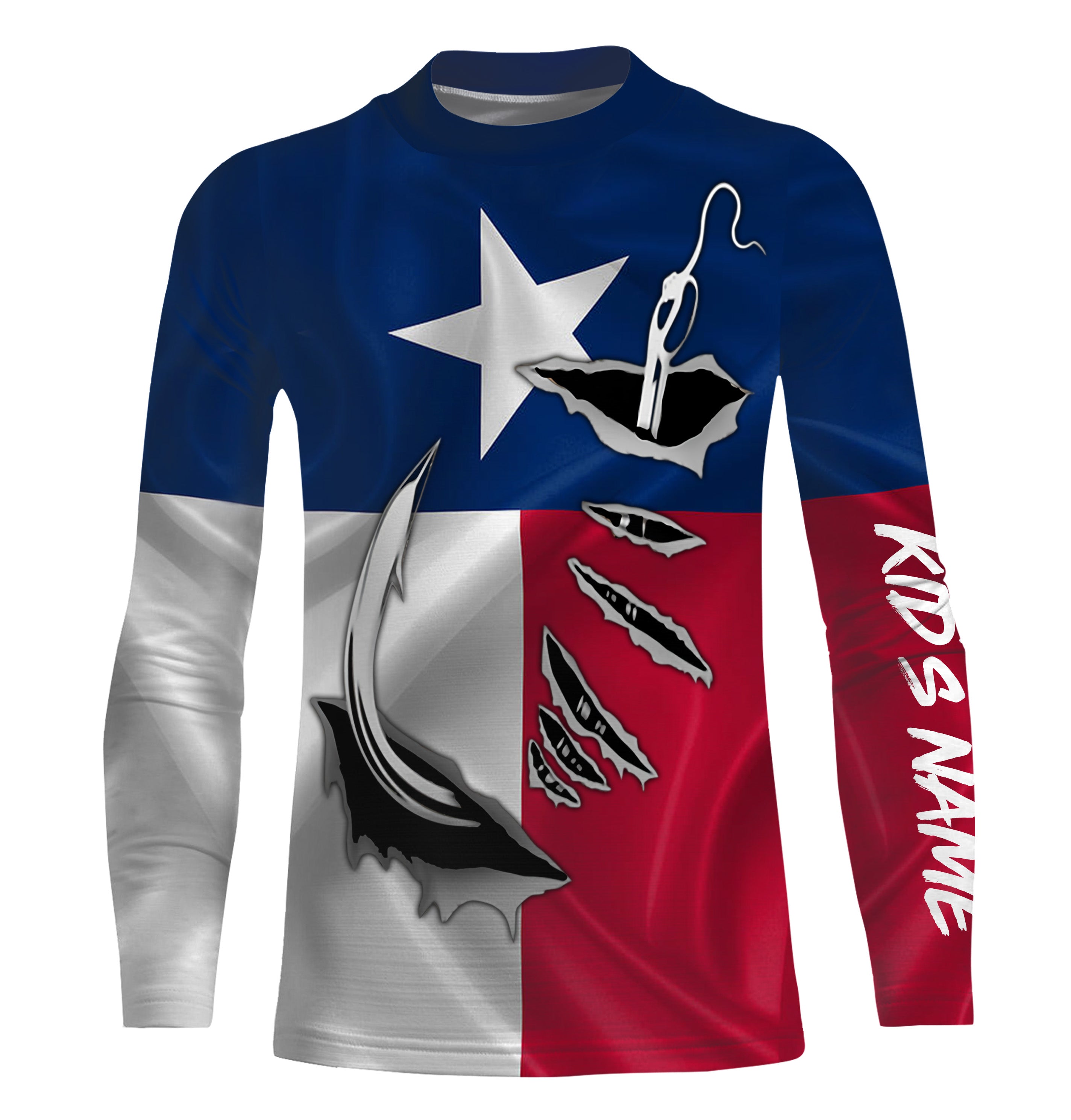 Custom Texas Flag Texas Fishing 3D Fish Hook UV Protection Kid Long Sleeve personalized fishing apparel gift IPHW450