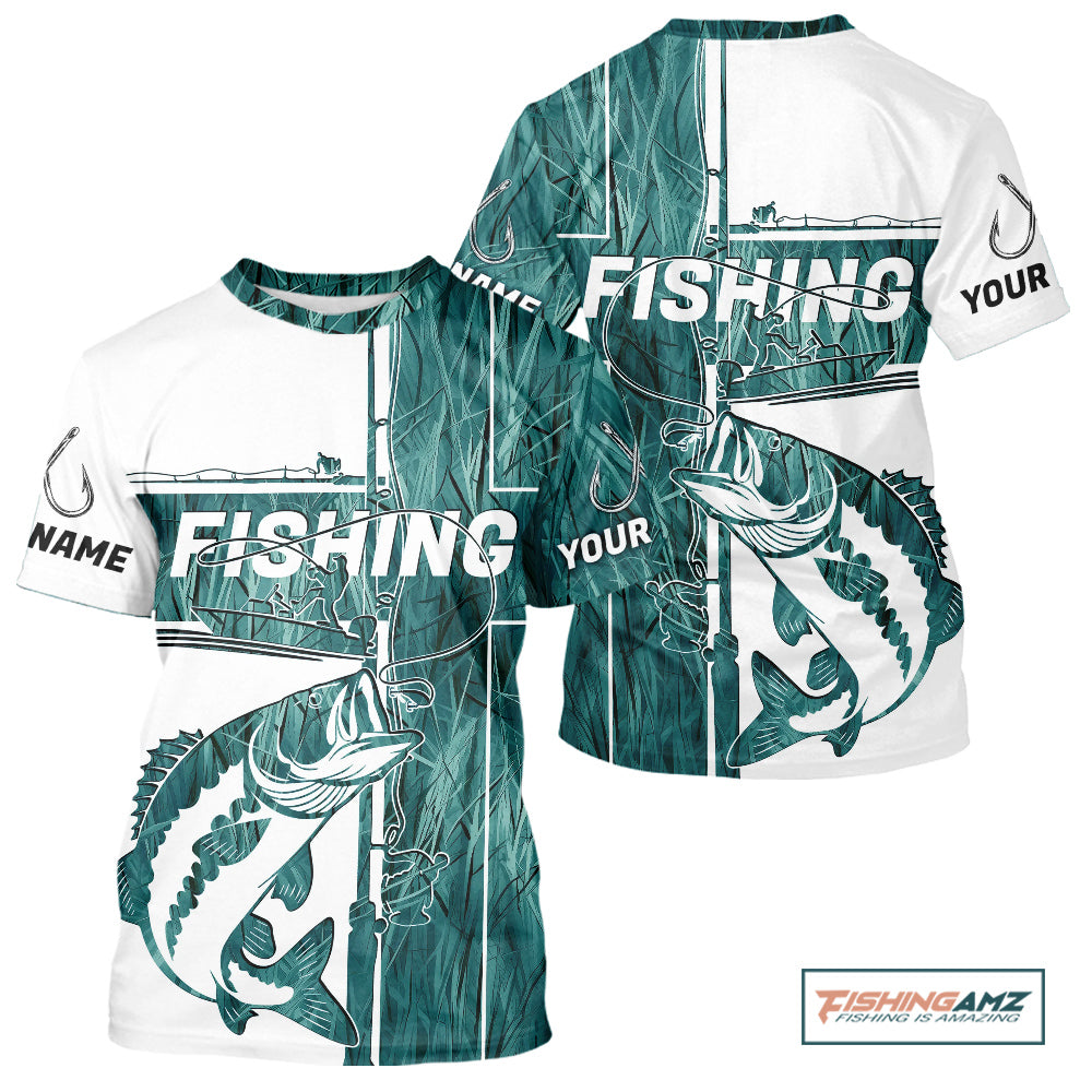 Custom Greenish Blue Grass Camo Cross Faith Largemouth Bass Tournament Fishing T-Shirts IPHW9149
