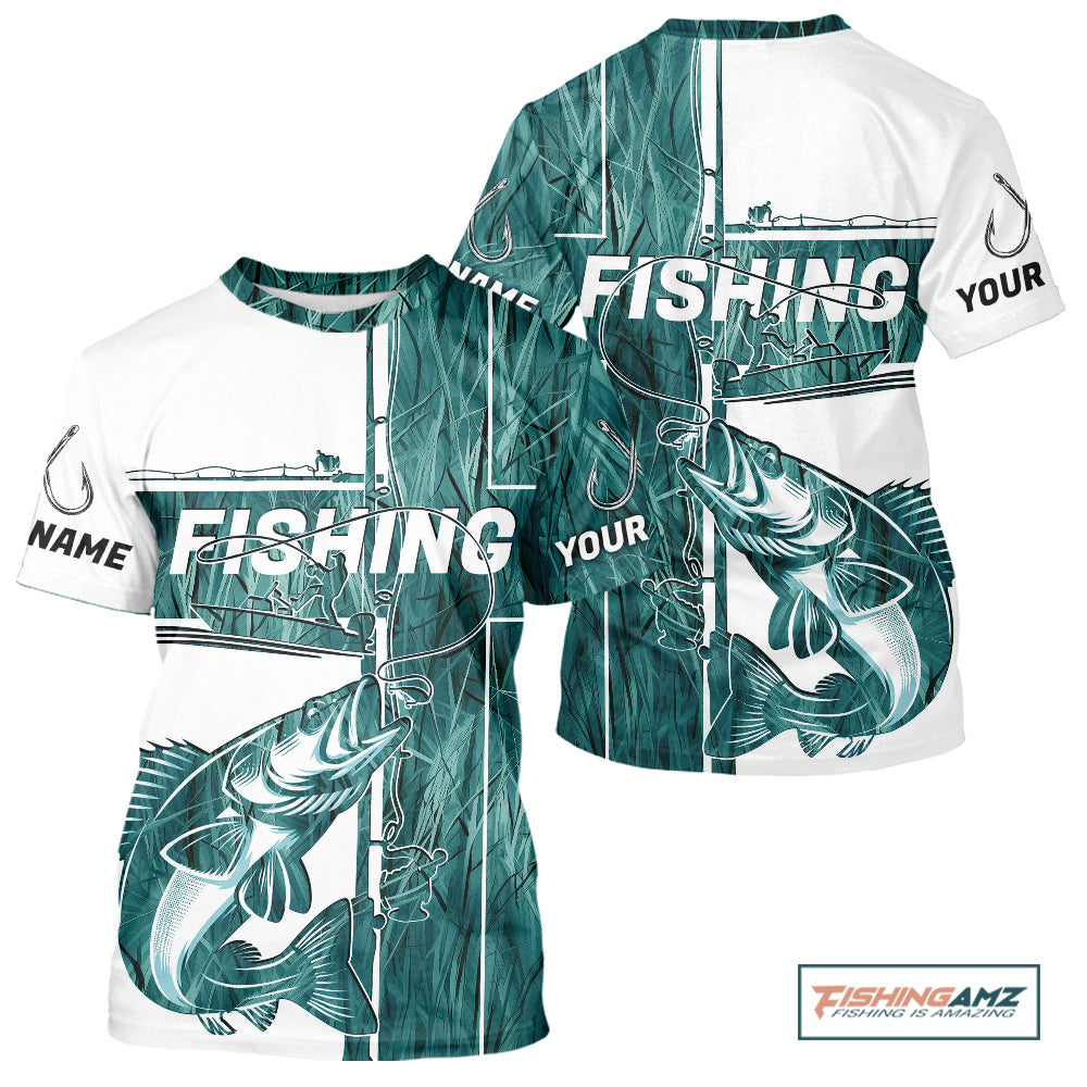 Custom Greenish Blue Grass Camo Cross Faith Walleye Tournament Fishing T-Shirts IPHW9151
