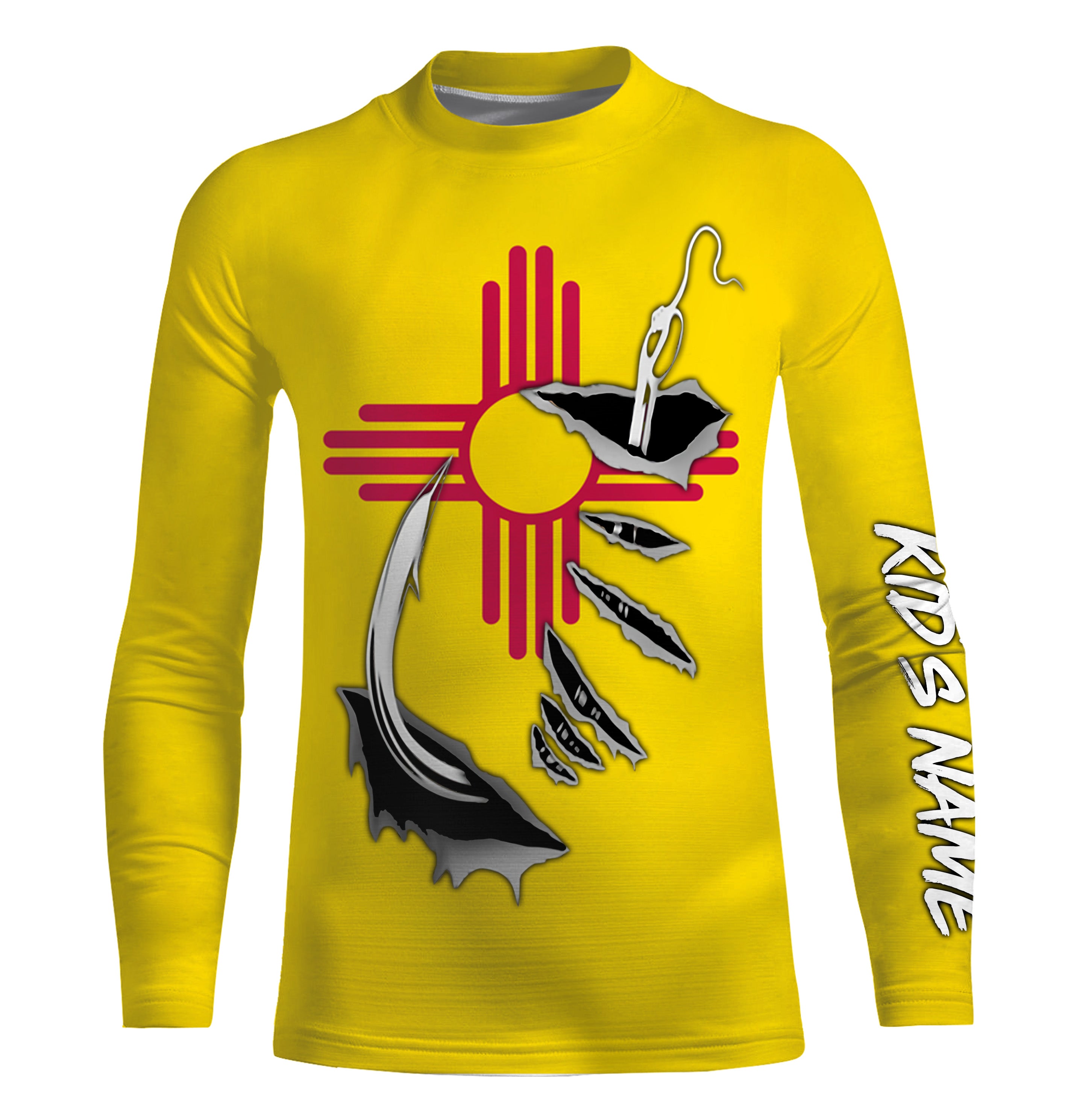 NM Fishing 3D Fish Hook New Mexico Flag UV protection quick dry customize name Kid long sleeves shirts personalized fishing apparel gift for Fishing lovers IPHW472