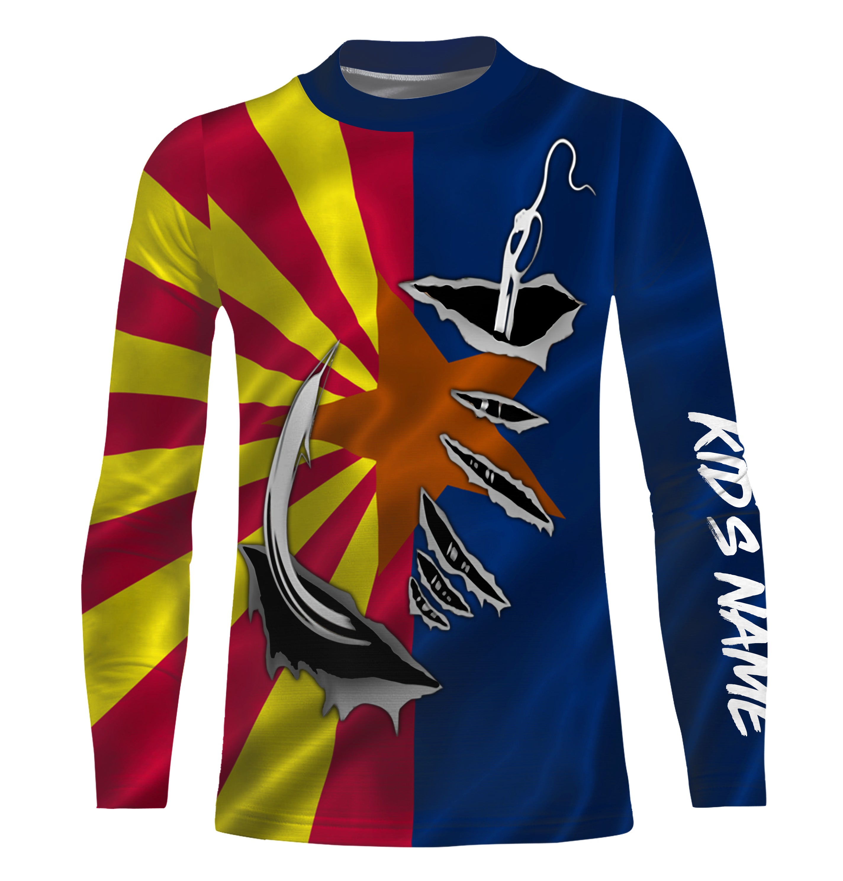 AZ Fishing 3D Fish Hook Arizona Flag UV protection quick dry customize name Kid long sleeves shirts personalized fishing apparel gift for Fishing lovers IPHW473