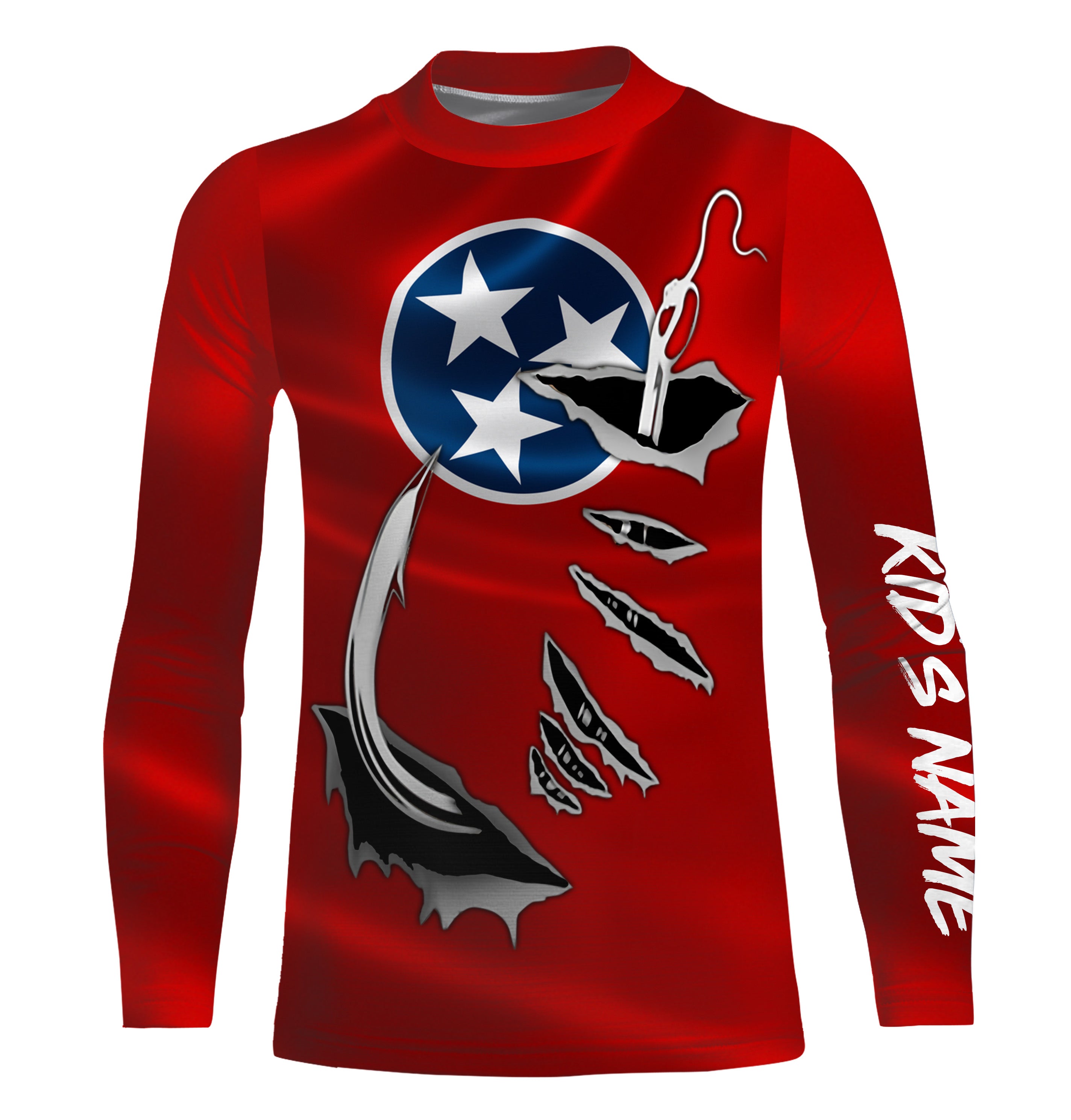 TN Fishing 3D Fish Hook Tennessee Flag UV protection quick dry customize name Kid long sleeves shirts personalized fishing apparel gift for Fishing lovers IPHW474