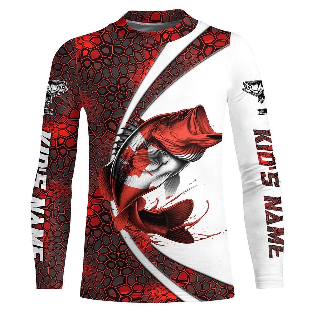 Youth Canada Flag Bass Fishing Custom Long Sleeve Fishing Shirts, Bass Fishing Jerseys | Red Camo IPHW6842