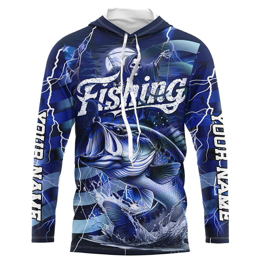 Blue Lightning American Flag Custom Bass Fishing Long Sleeve Shirts, Fish Reaper Fishing Jerseys IPHW6686
